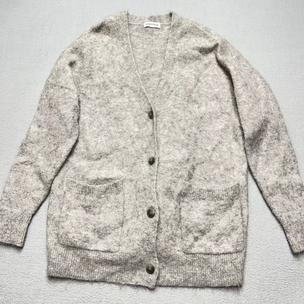 Nordstrom Gray Alpaca Blend Fuzzy Oversized V-Neck Cardigan Sweater N0500338MI